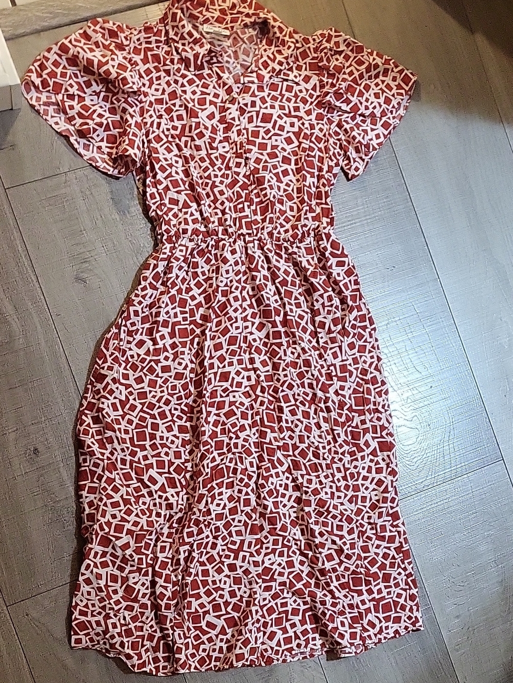 Red Geometric Midi Shirt Dress with Elastic Waist